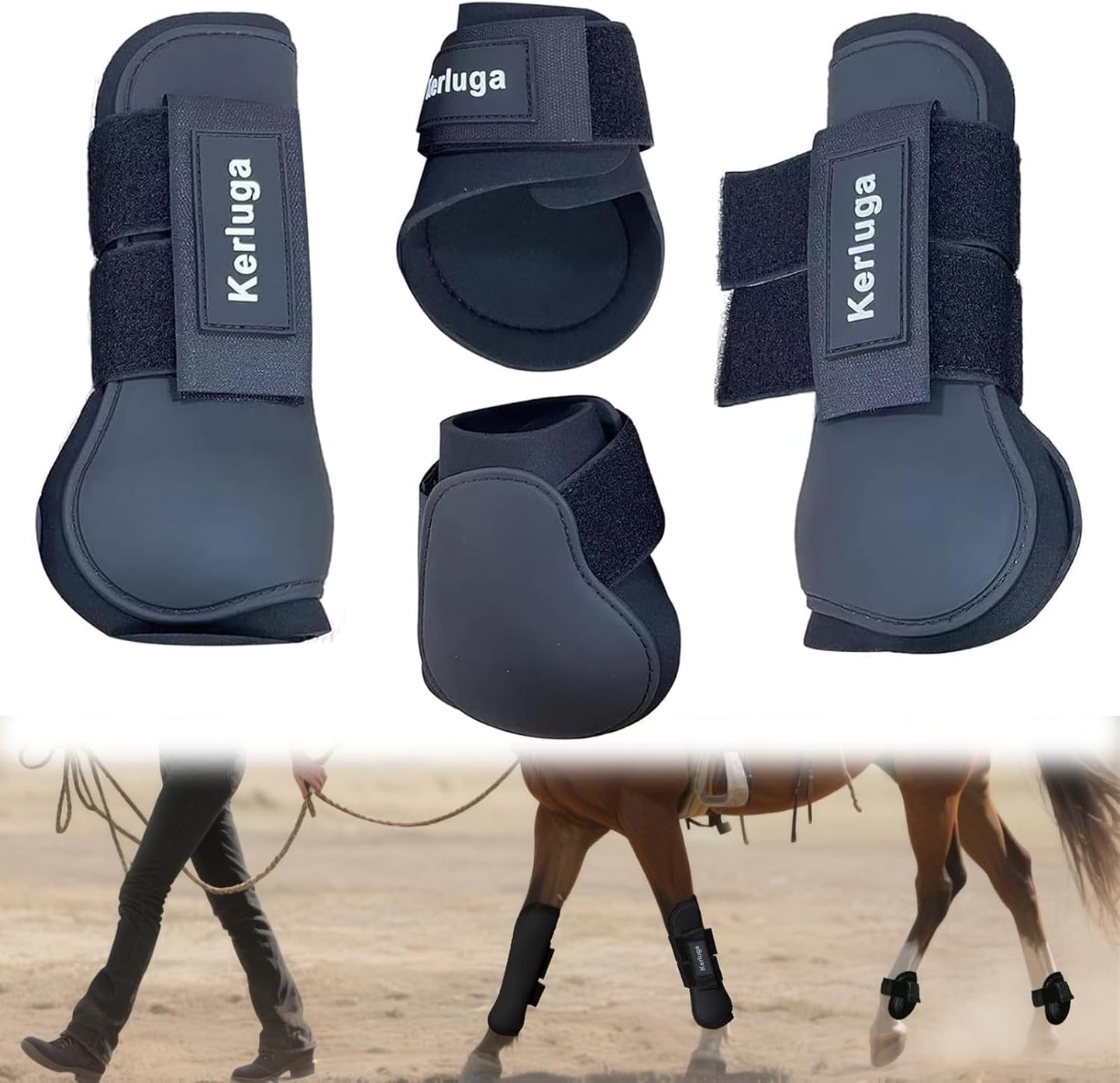 Horse Boots Set of 4 Open Front & Fetlock Tendon Boot for Horses Professional Sport Protection Impact-Absorbing Equine Leg Support Wraps for Jumping, Riding, Training (Black, Full)