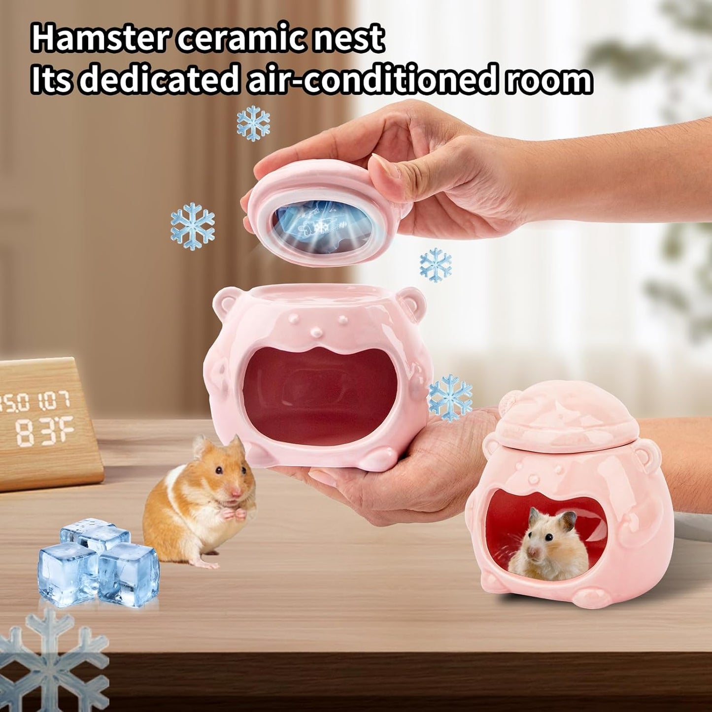 3-in-1 Bear Shaped Ceramic Hamster House - Cool House for Syrian Dwarf Hamsters, Mice, Gerbils, Small Pets, Top for Hamster Food, Removable Lid for Ice Packs, Cute Cool Hideout for Summer(Pink)