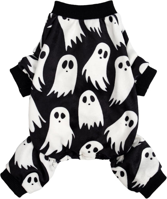 Fitwarm Halloween Ghost Dog Pajamas, Funny Halloween Costumes for Dogs, Fleece Dog Onesie with Feet, Doggy Clothes for Small Dogs Boy Girl, Pet Apparel, Black, White, Medium