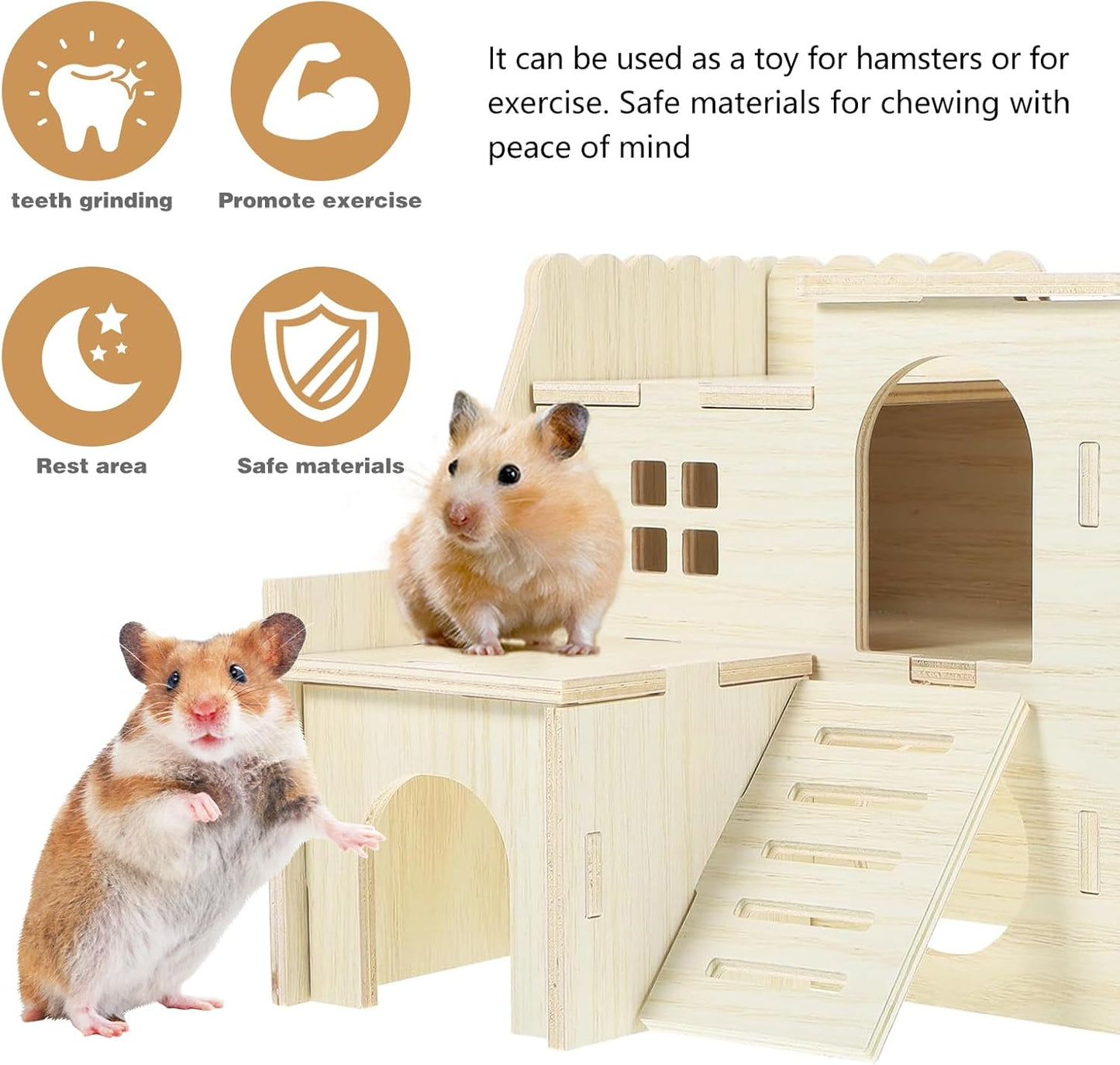 Hamster Toys 5-Piece Set ,Hamster House, Swing, Climbing Ladder, Seesaw & Exercise Wheel,Pet DIY Sport Exercise Toys Set, Small Animal Habitat Accessories ,Gerbils, Mice(Natural Wood)