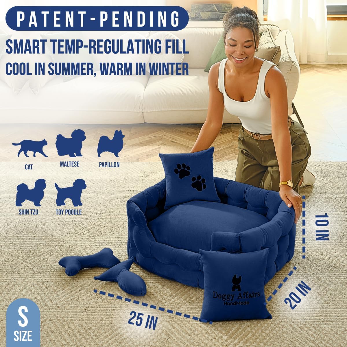 Luxury Cat and Dog Bed Chesterfield – Handcrafted Velvet Throne for Dogs | Joint Support, Calming & Temp-Regulating Comfort | Durable 5+ Years, Anti-Claw, Washable 100+ Times – S, Blue