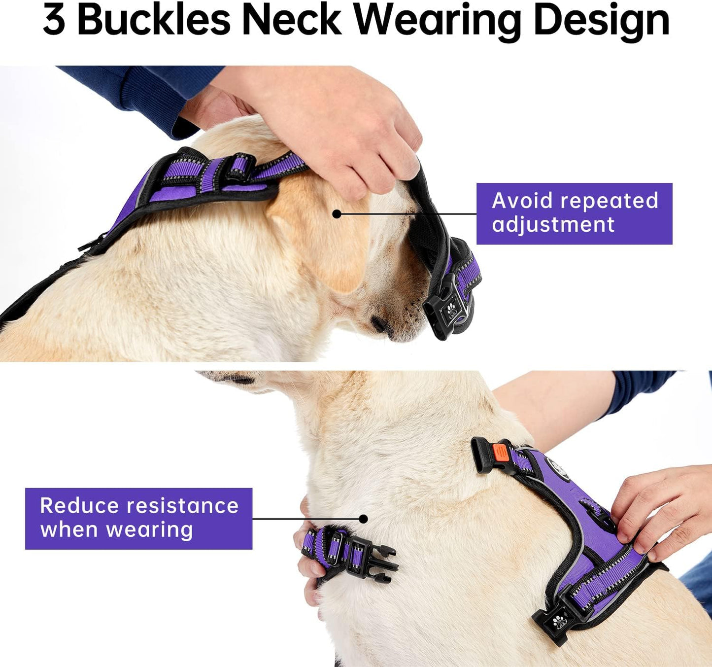 IVY&LANE No Pull Dog Harness for Large Dogs, Dog Vest Harness with Leash, Safety Belt and Storage Strap, Fully Adjustable Harness, 360° Reflective Strip, Soft Handle (Purple, L)