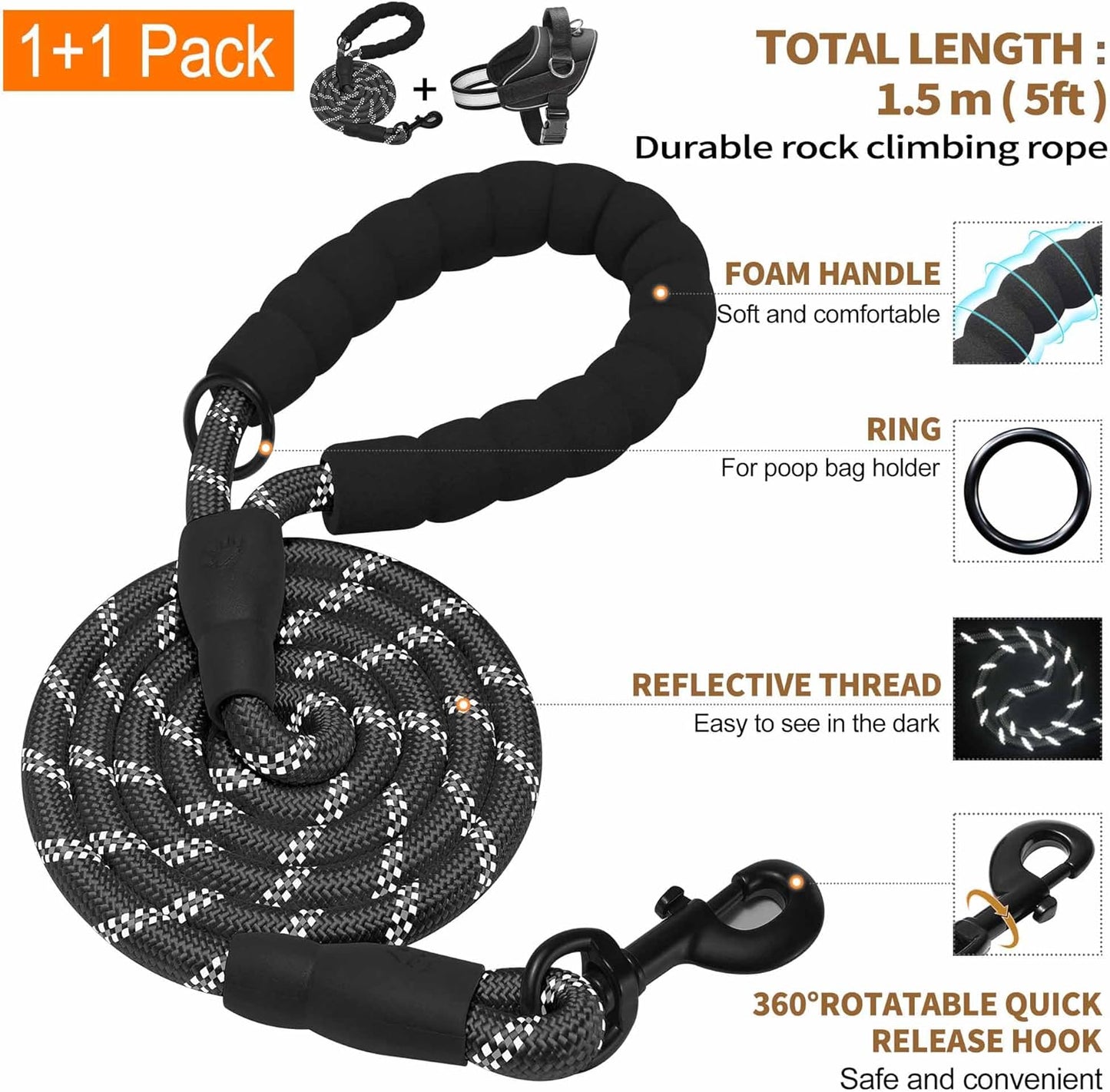Haapaw Essential Dog Harness, No Pull Pet Vest with 3 Leash Clips, No Choke, Reflective, Adjustable and Padded, for Easy Walking and Training for Small Dogs(S, Black)
