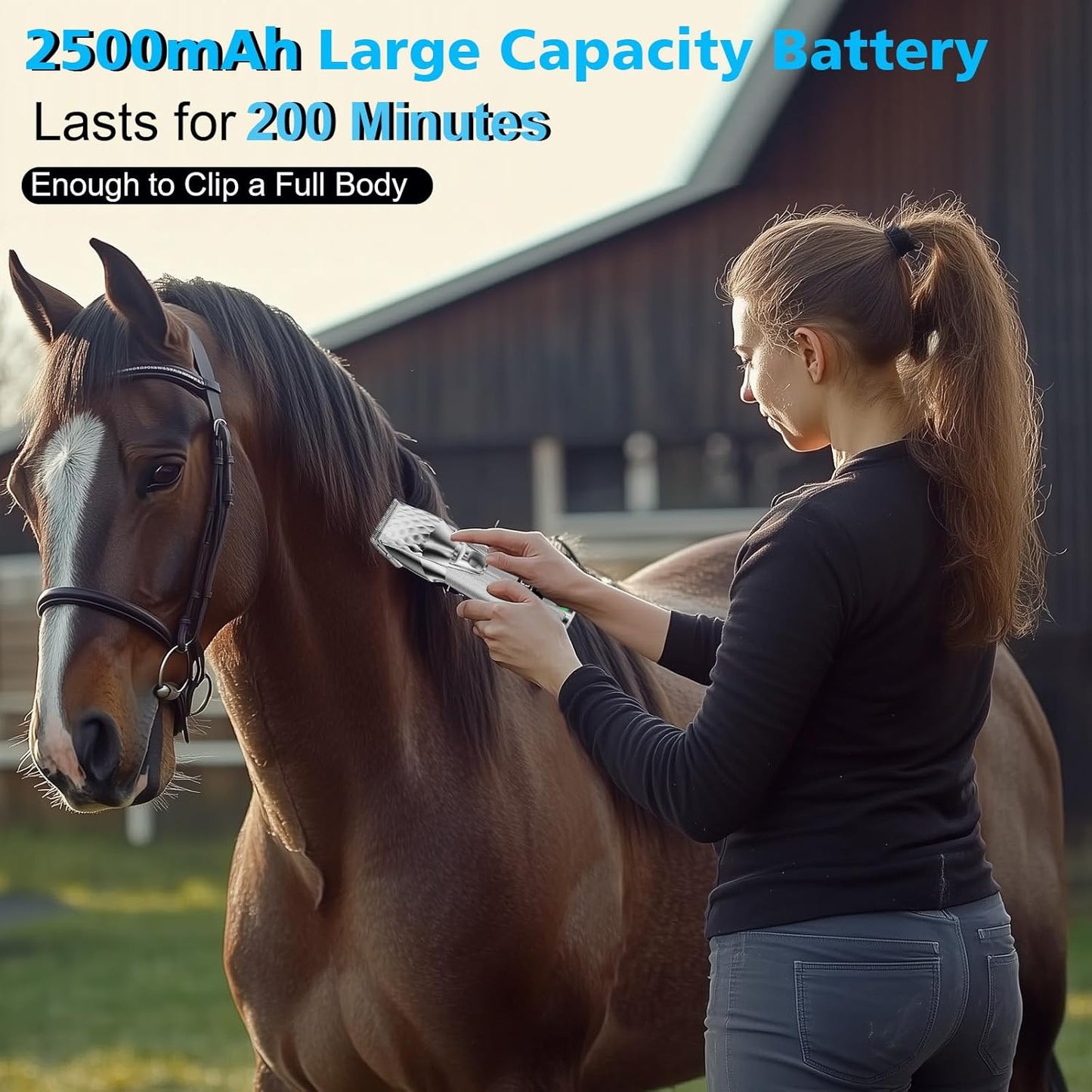 Horse Clippers, Cordless Trimmers Grooming Kit with 2500mAh Battery,Low Noise Heavy Duty Body Clipping Machine with LED Display, Suitable for Horse, Cattle, Cat, Dog with Thick/Tangled Coat