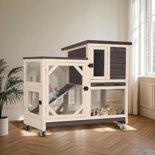 Rabbit Hutch Indoor for 2-4 Rabbits & Guinea Pigs,Bunny Cage with Slide-Out Plastic Trays,Wooden Small Animal Cage for Rabbits, Bunnies, and Guinea Pigs (Dark Brown)