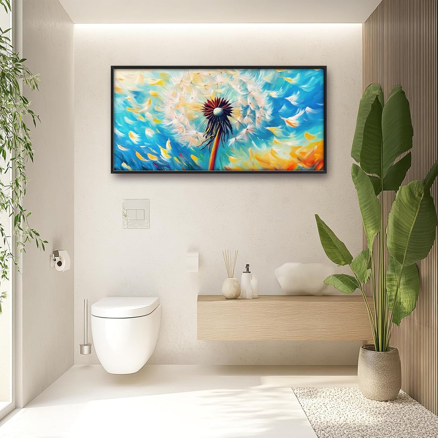 Extra Large Abstract Dandelion Framed Wall Art for Living Room,Oversized Colorful Dandelion Flower Pictures Wall Decor,Blue Canvas Print Painting Modern Artwork Bedroom Office Bathroom 60L" x 30W"