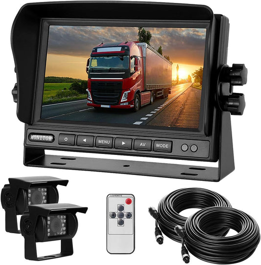 RV Backup Camera and Monitor Kit(12-24V) 7inch HD Monitor Reversing +2 Rear View Camera 170°Wide Angle,18IR Night Vision,Waterproof IP68,Dual Back up Camera for Truck/Trailer/Van/Camper/Vehicles.