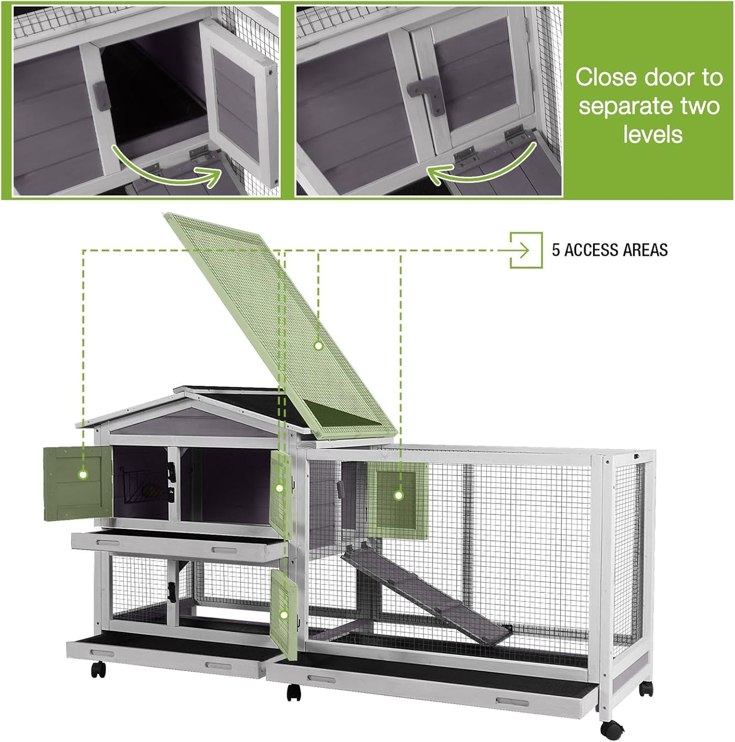 GUTINNEEN Rabbit Hutch Indoor with Chew-Proof Ramp, 62" L Wooden Rabbit Cage with 6 Casters, Bunny Cage with 2 Trays and 2 Story for Small to Medium Animals (Gray)