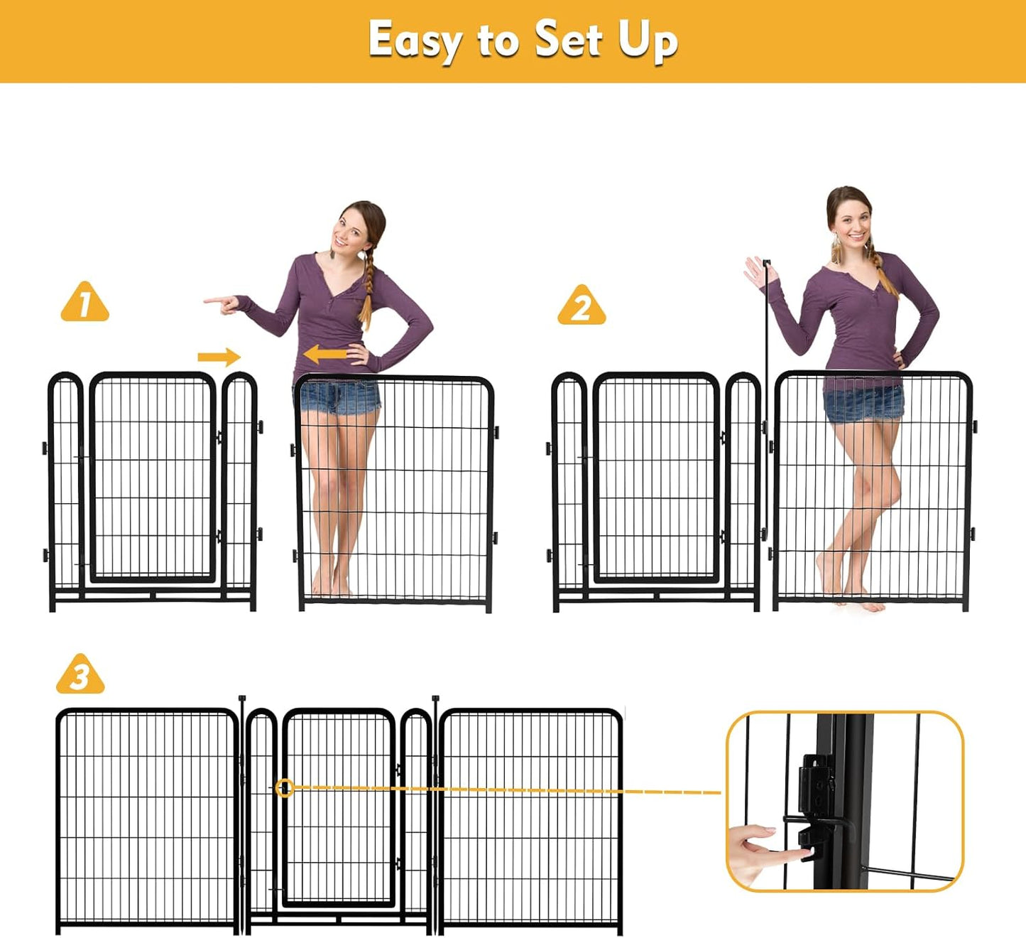 56 in(H) Decorative Garden Fence Panels, Wide Door Low Threshold, Dog Fence Outdoor for Yard. 10 Panels Total 22.1 Ft(L),No Dig Fencing for Dogs, Black
