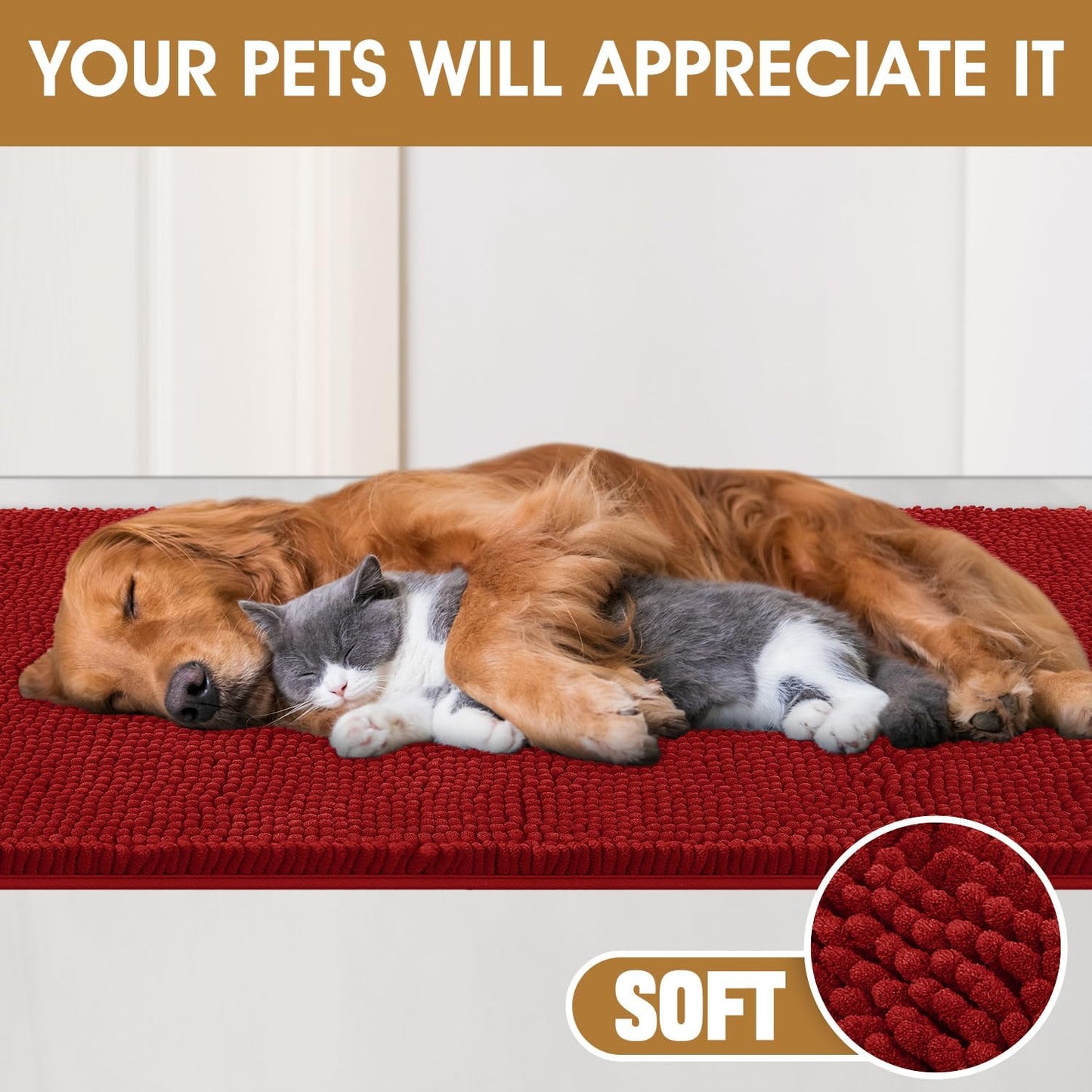 Dog Door Mats for Muddy Paws, Chenille Absorbent Dog Mats, Non Slip Heavy Mud Mat for Dogs, Soft Pet Mat for Entryway, Mud Paws, Inside Floor,48" x 38", Red