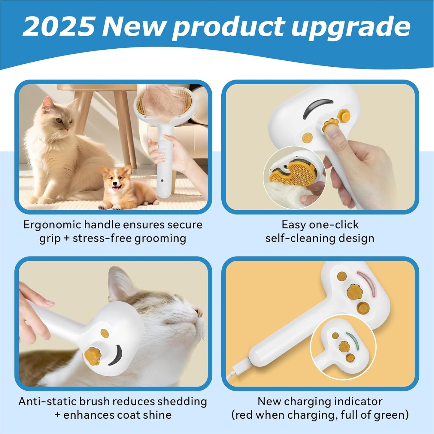 4-in-1 Pet Steam Brush for Dog & cat brush for shedding,Spray Hair Removal Comb with Waterless Shampoo–Self-Cleaning Pet Grooming Tool for Shedding, Anti-Static & Skin-Friendly Design