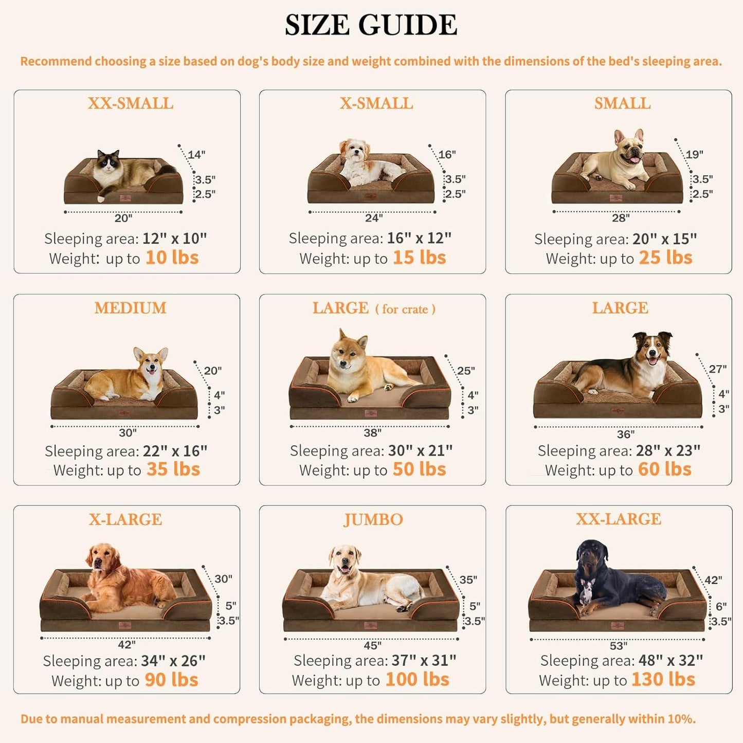 Comfort Expression Jumbo Dog Bed for Extra Large Dogs, Waterproof Orthopedic Dog Beds, PV Washable Sofa Bed, Large Breed Dogs Beds with Removable Cover & Non-Slip Bottom(Jumbo,Brown)