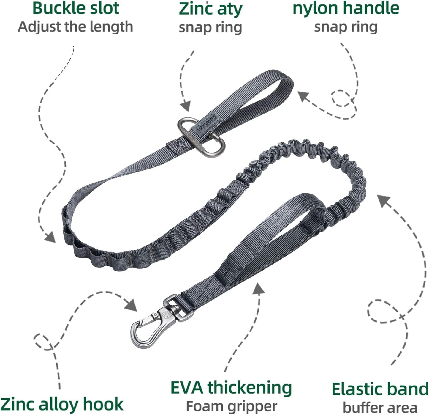 EXCELLENT ELITE SPANKER Tactical Bungee Dog Leash Military Adjustable Dog Leash Quick Release Elastic Leads Rope with 2 Control Handle(Grey