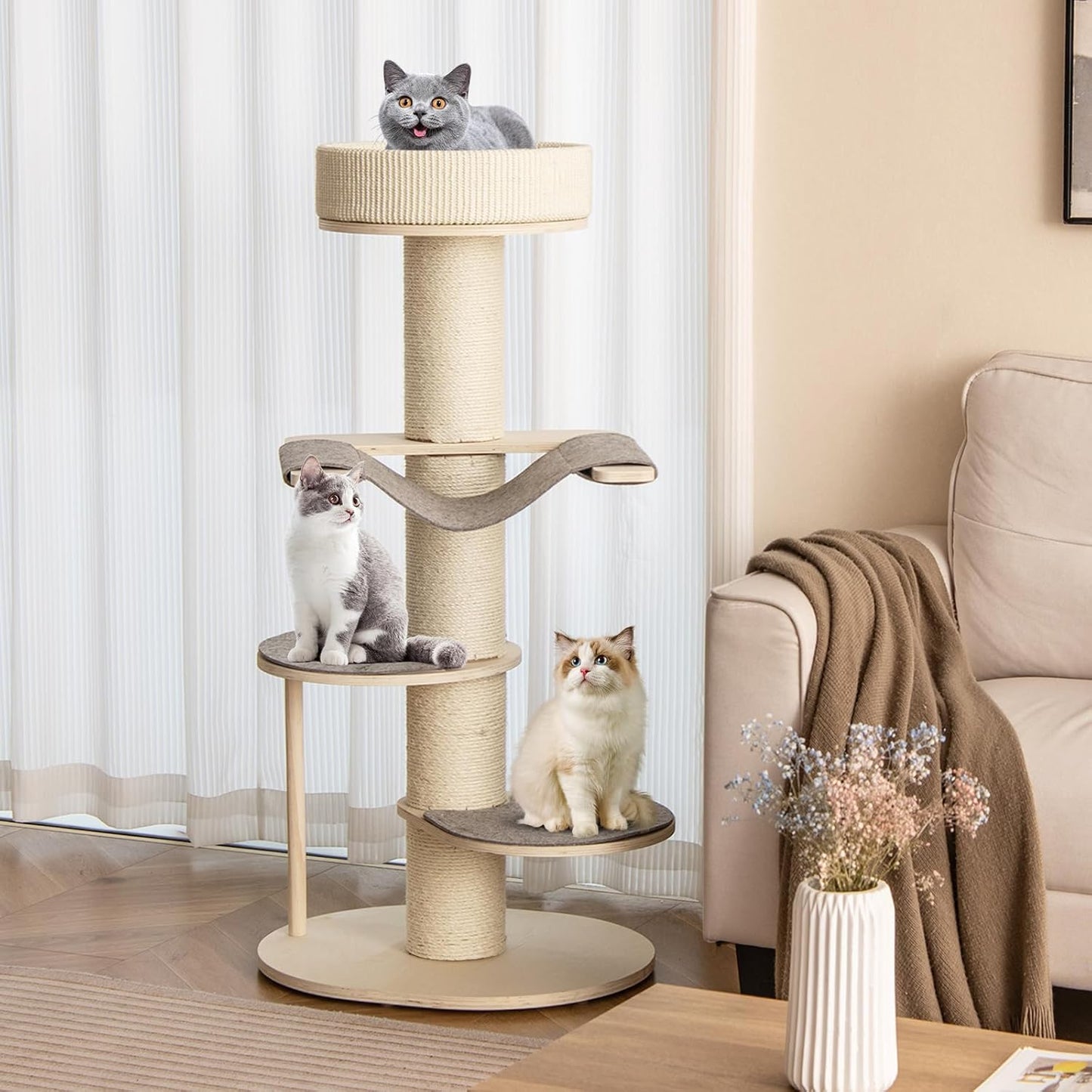 Tangkula Wood Cat Tree, 47 Inch Multi-Layer Cat Tower with 5.7” Thicker Sisal Covered Scratching Posts & Carpet, Padded Top Perch, 2 Jumping Platforms, Hammock, Modern Cat Tree Tower for Indoor Cats