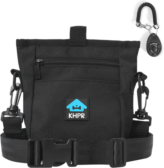 Dog Treat Pouch Magnetic Closure with Training Clicker,Hands-Free Design to Prevent Spills,Built in Poop Bag Dispenser,3 Ways To Wear,Metal Clip Waist Belt and Fanny Pack for Pet Walking(Black)