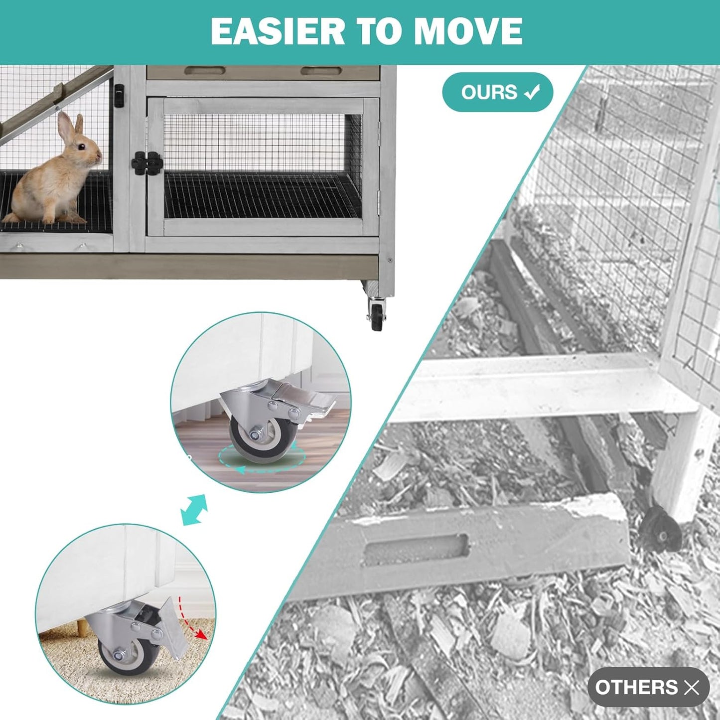 Rabbit Hutch Indoor for 2-4 Rabbits & Guinea Pigs,Bunny Cage with Slide-Out Plastic Trays,Wooden Small Animal Cage for Rabbits, Bunnies, and Guinea Pigs (Light Brown)