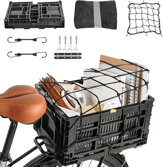 Rear Bike Basket, Foldable Rear Rack Bicycle Basket with Mesh Pocket Waterproof Cover Reflective Strip for Adult Bikes Easy to Assemble and Carry for Pets Fruit