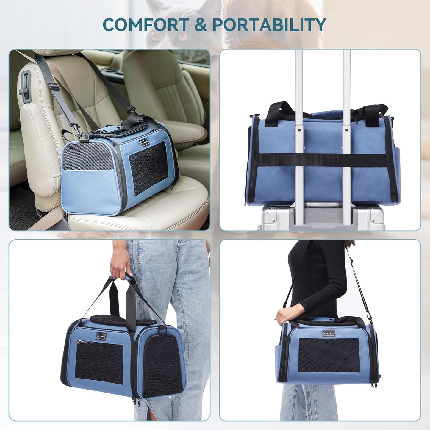 PETSFIT Pet Carrier, Dog Carrier Airline Approved, Collapsible Soft Sided TSA Approved Pet Carrier for Small and Medium Cats, Puppies Up to 12 Lbs, Cat Travel Carrier, Blue