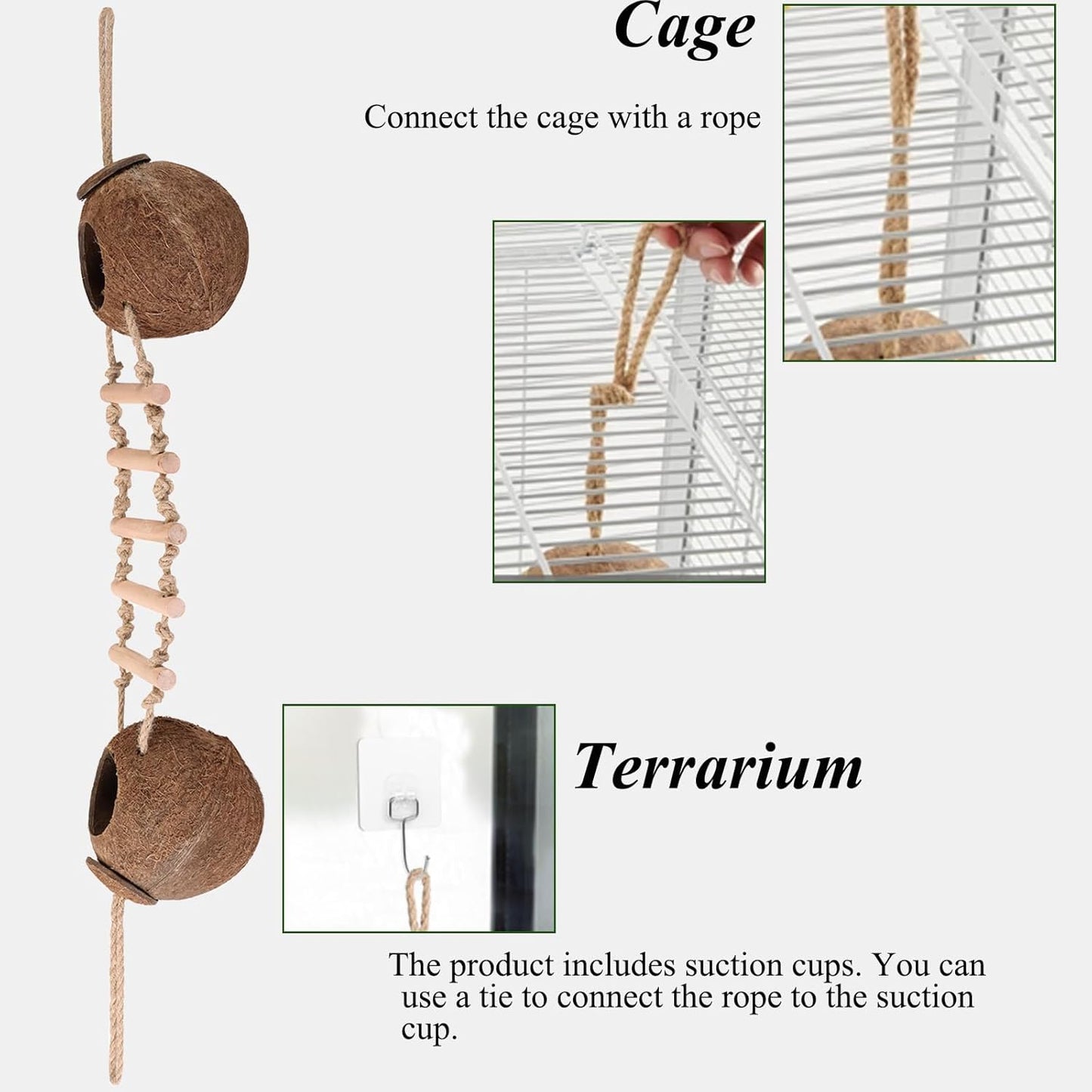 HERCOCCI Gecko Tank Accessories, Hermit Crab Toys Double Coconut Shell Natural Coconut Husk Hut with Climbing Ladder with Suction Cup for Leopard Gecko Snake Reptiles