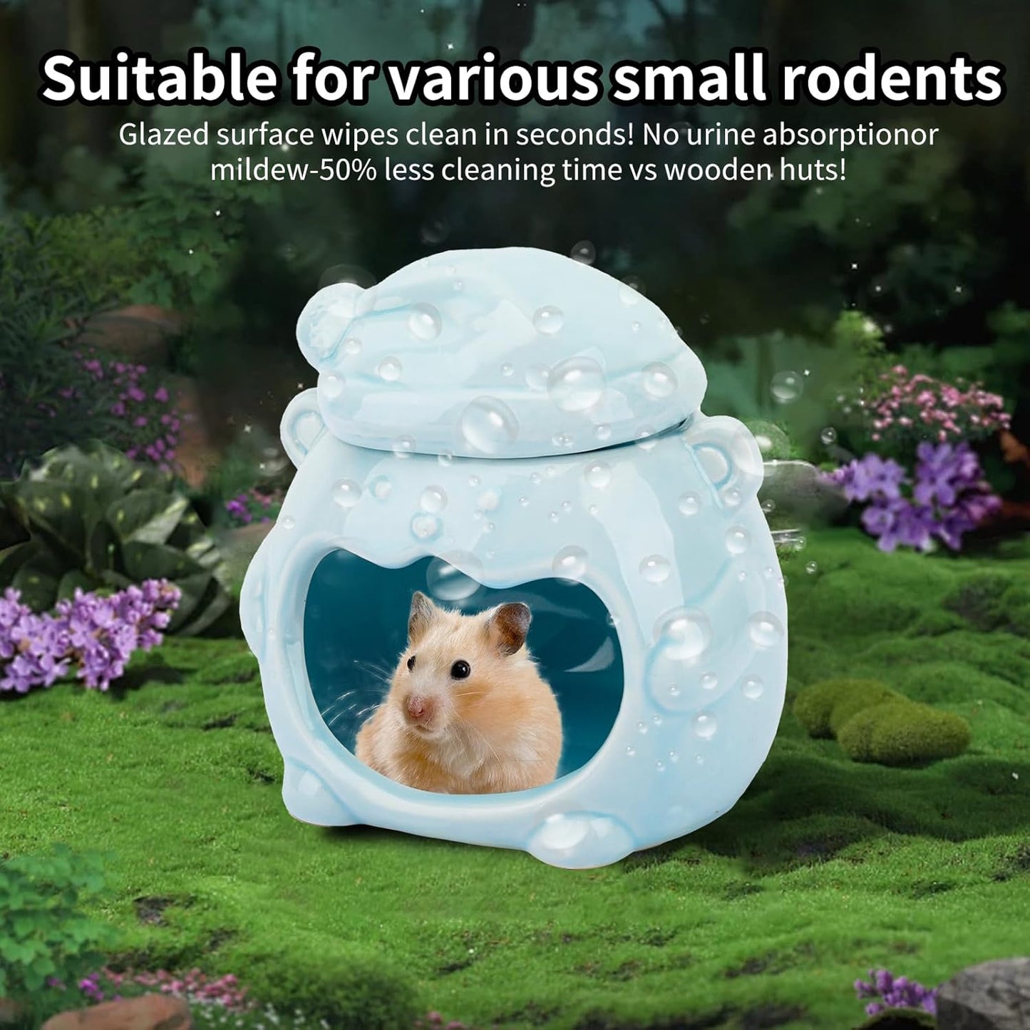 3-in-1 Bear Shaped Ceramic Hamster House - Cool House for Syrian Dwarf Hamsters, Mice, Gerbils, Small Pets, Top for Hamster Food, Removable Lid for Ice Packs, Cute Cool Hideout for Summer(Blue)