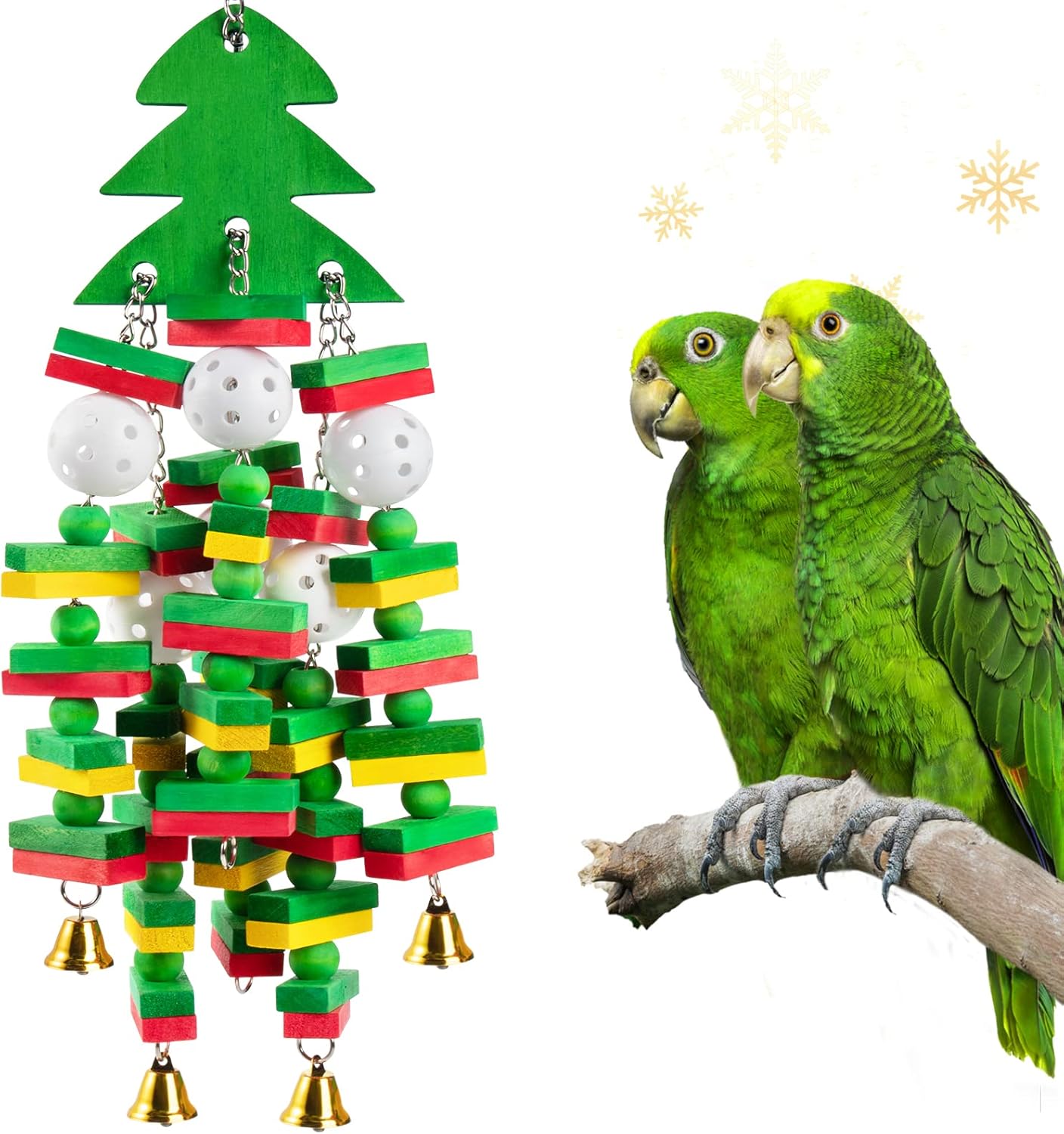 Christmas Large Bird Toy - Natural Wooden Parrots Toy with Colorful Edible Blocks for Macaws African Grey Amazon Parrots Cockatoos, Bird Chewing Toy for Gifts Playing(Green)