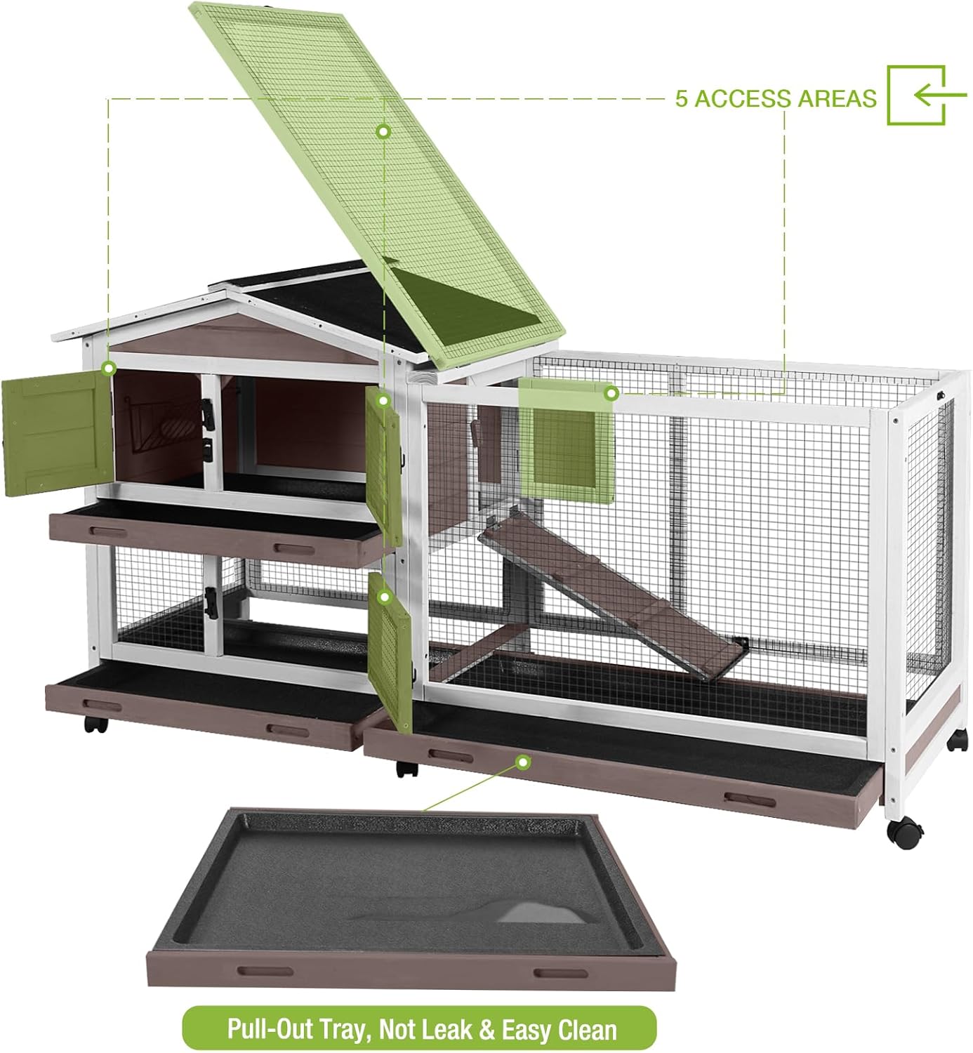 Outdoor Rabbit Hutch Indoor Bunny on Wheels Large Guinea Pig Cage with Run for Any Small Animals,Removable Pull Out Tray White