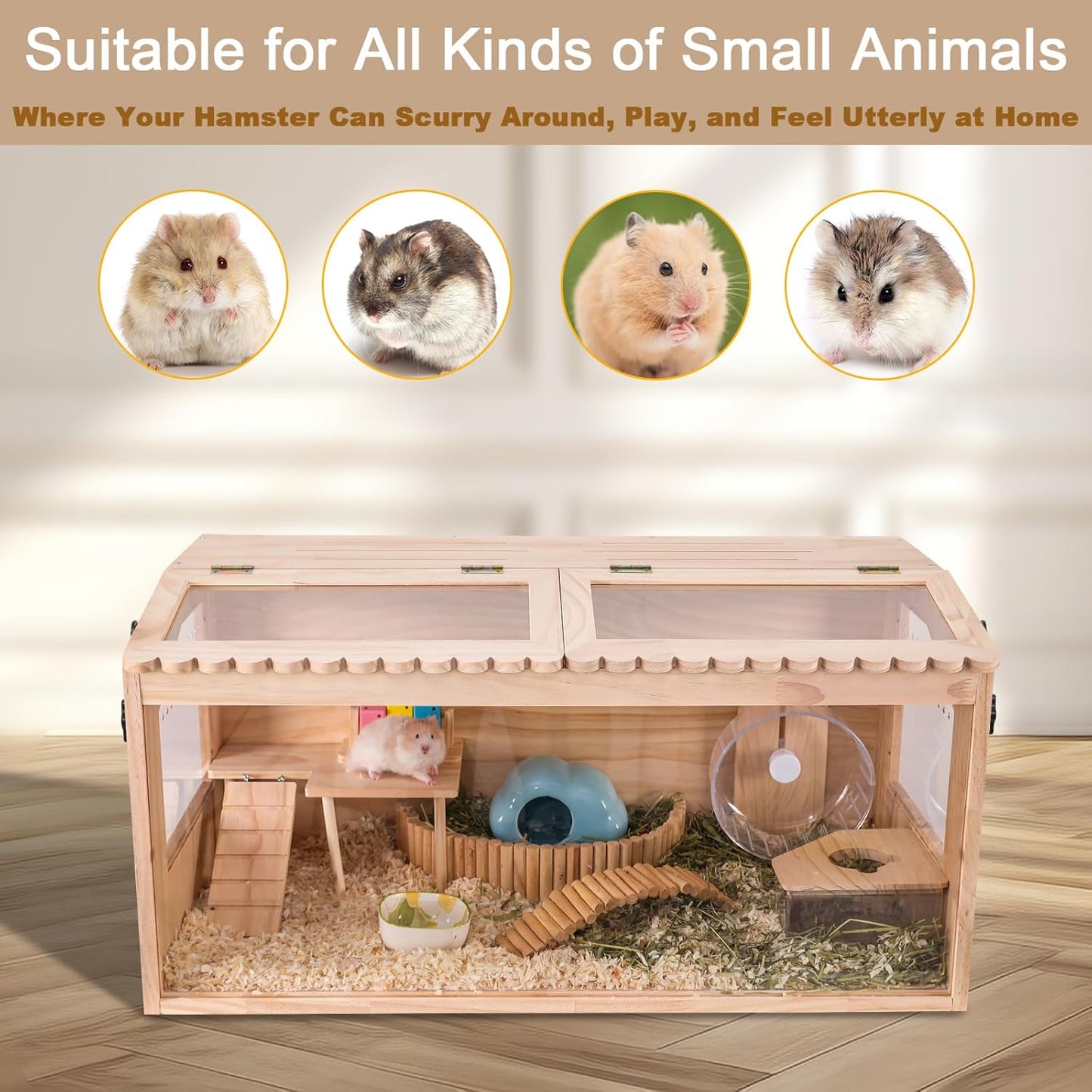 Wooden Hamster Cages and Habitats, 48"x20"x20" Guinea Pig Cage, Small Animal Cage for Dwarf Syrian Hamsters Degus Mice & Other Small Pets. Big Hamster Habitat with 2 Adjustable skylights.