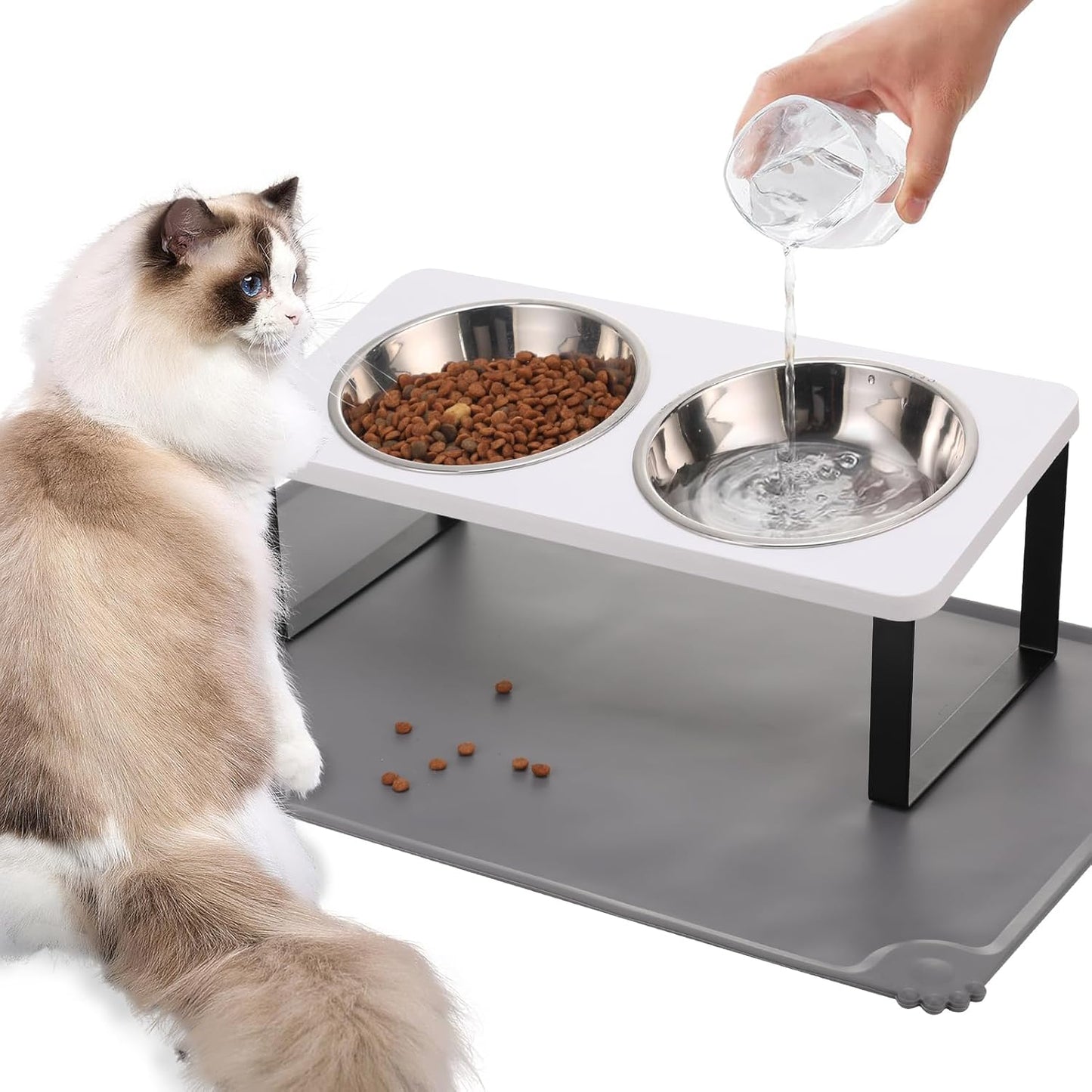 Upgraded Elevated Cat Bowls with Food Mat,15°Tilted Stand Anti Vomiting Raised Cat Dishes for Food and Water,2 Stainless Steel Bowls for Cats and Puppy(White)