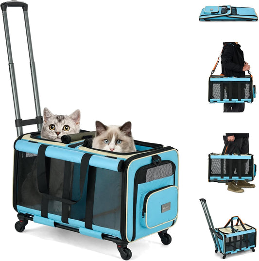 MILADA Large Cat Carrier for 2 Cats, Soft Big Pet Carrier with Wheels, Double Cat Carrier on Wheels, Rolling Pet Carrier for Travel Hiking Shopping and Camping(Not for Air Travel), Blue