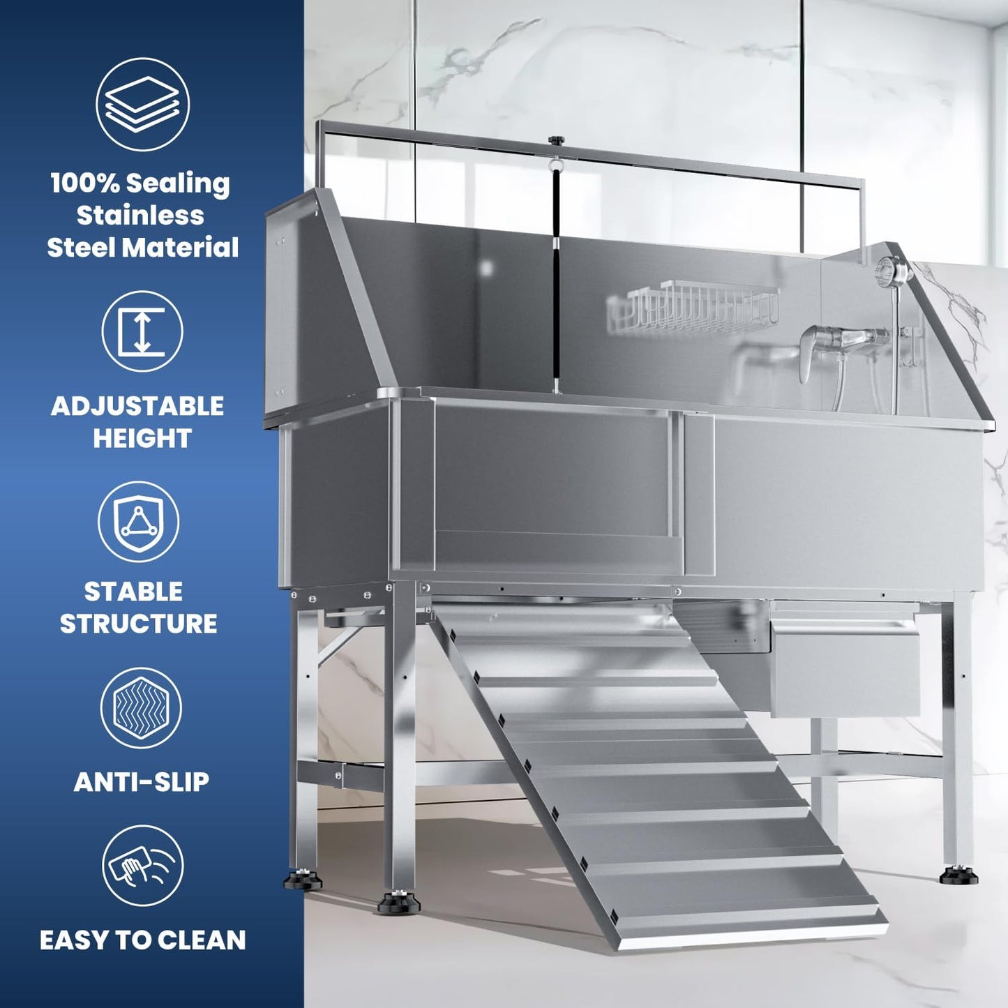 Professional 46" Dog Washing Station, Stainless Steel Dog Bathing Station, Height Adjustable Dog Wash Station, Storage Drawer, Upgrade Parts, Home, Commercial (Left Ramp)