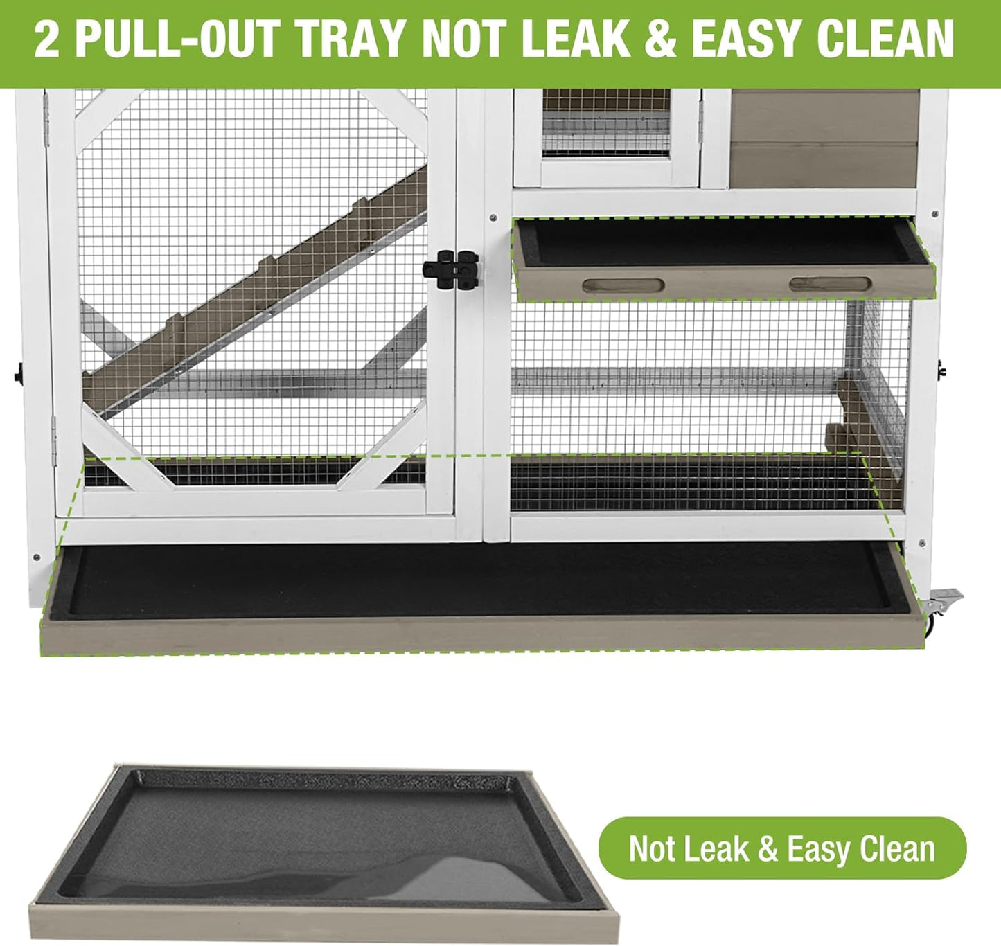 GUTINNEEN Rabbit Hutch Indoor Mobile Bunny Cage with Run Wooden 2 Story Guinea Pig Cage Outdoor for Small Animals with Wheels,Two Deeper No Leak Trays(Grey)