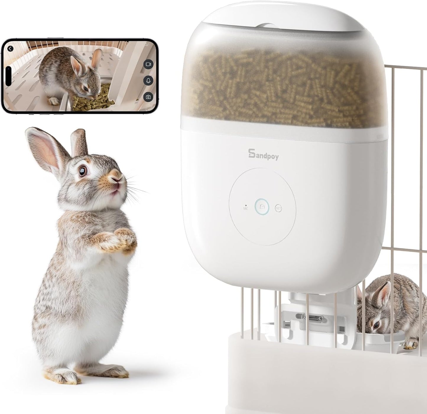 Hanging Automatic Rabbit Feeder with 1080P Camera, 62oz Storage, Multiple Pet Cage Compatibility, Customized Feeding Schedule- Perfect for Ferrets, Cats, Guinea Pigs, Chinchilla and Hedgehog