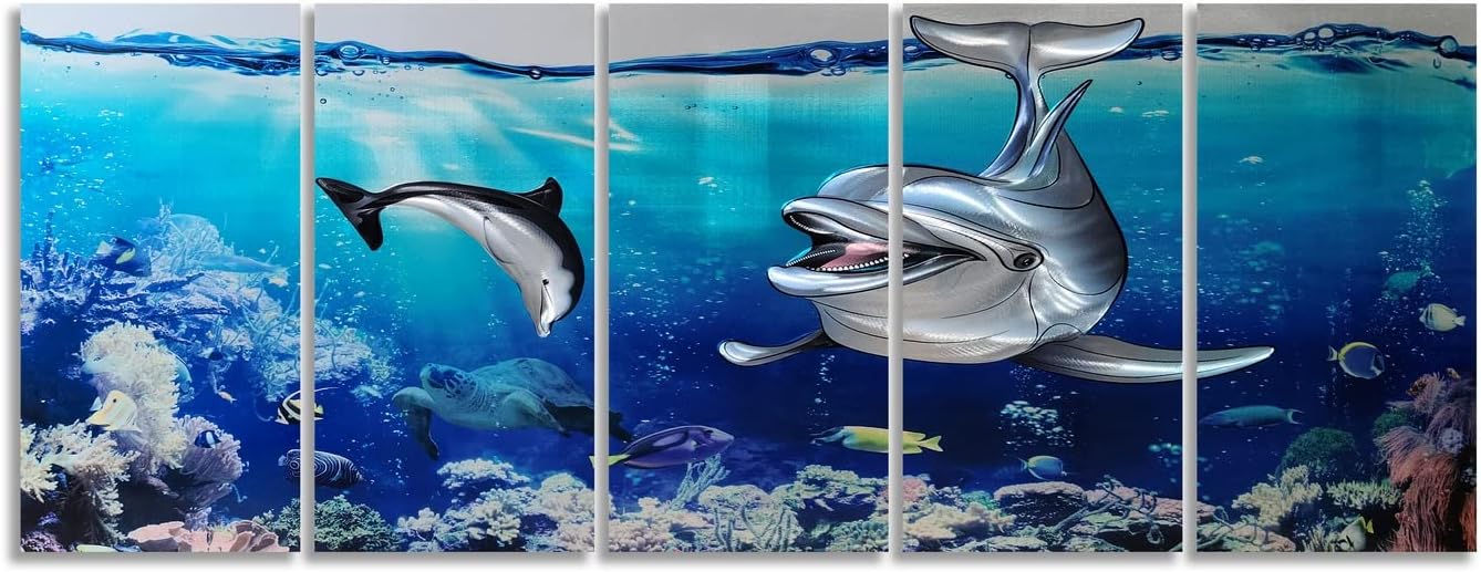 SYGALLERIER Dolphin Metal Wall Art Hand Crafted Coastal Aluminum Artwork in 5 Pieces, Modern Sea Pictures Sculpture for Living Room Bedroom Bathroom Decor
