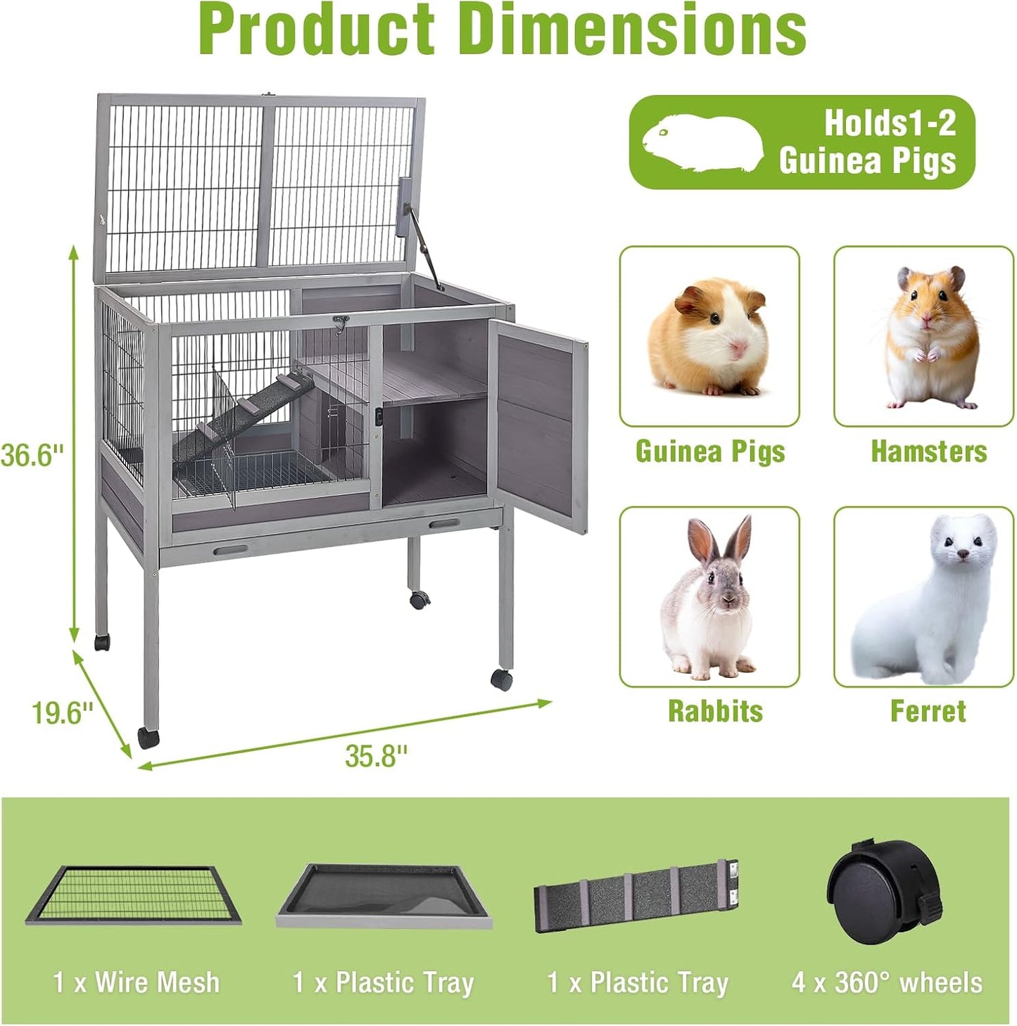 GUTINNEEN Wooden Guinea Pig Cages with Wheels for Indoor & Outdoor, 2-Story Rabbit Cage Bunny Hutch with Wire Mesh & Leakproof Pull-Out Tray for Guinea Pigs, Hamsters, Small Animals (Grey)