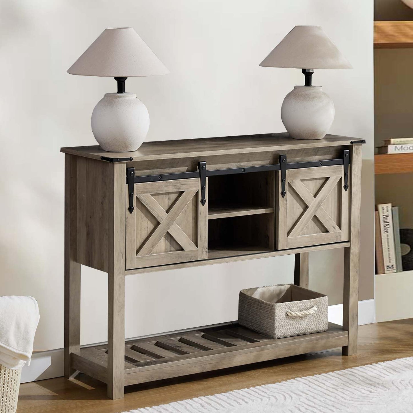 Entryway Table with Storage, Farmhouse Buffet Cabinet Coffee Bar Kitchen Island with Sliding Barn Doors & Shelves, Console Table for Kitchen, Dining Room, Living Room, Grey