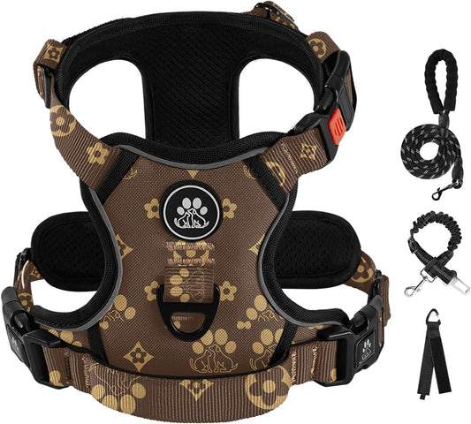 IVY&LANE No Pull Dog Harness with Leash Set, Reflective No Choke Pet Vest,Adjustable Oxford Dog Vest Harness with Easy Control Handle for Small Dogs (Dark Brown,S)