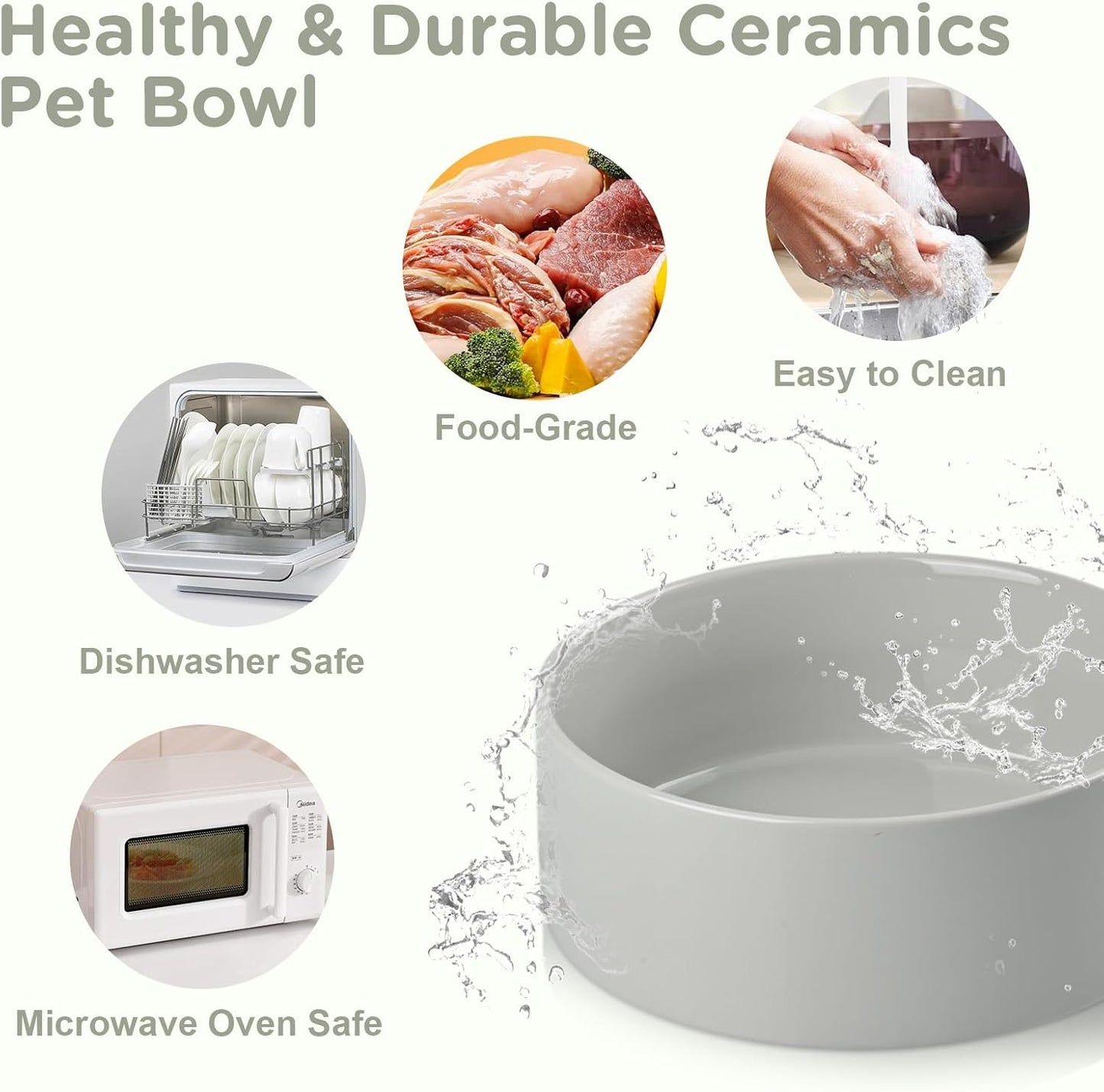 SPUNKYJUNKY Ceramic Elevated Dog Bowls Raised with Acacia Bamboo Wooden Stand, 8.3'' Dog Food Water Bowls Set Non-Slip for Medium Large Sized Breed Microwave Dishwasher Safe - 60 OZ,Grey