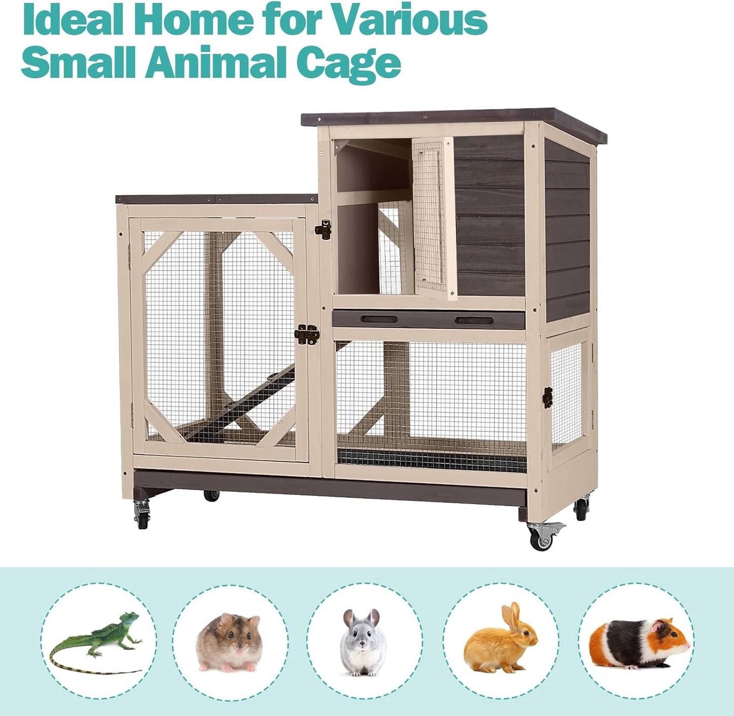 Rabbit Hutch Indoor for 2-4 Rabbits & Guinea Pigs,Bunny Cage with Slide-Out Plastic Trays,Wooden Small Animal Cage for Rabbits, Bunnies, and Guinea Pigs (Dark Brown)