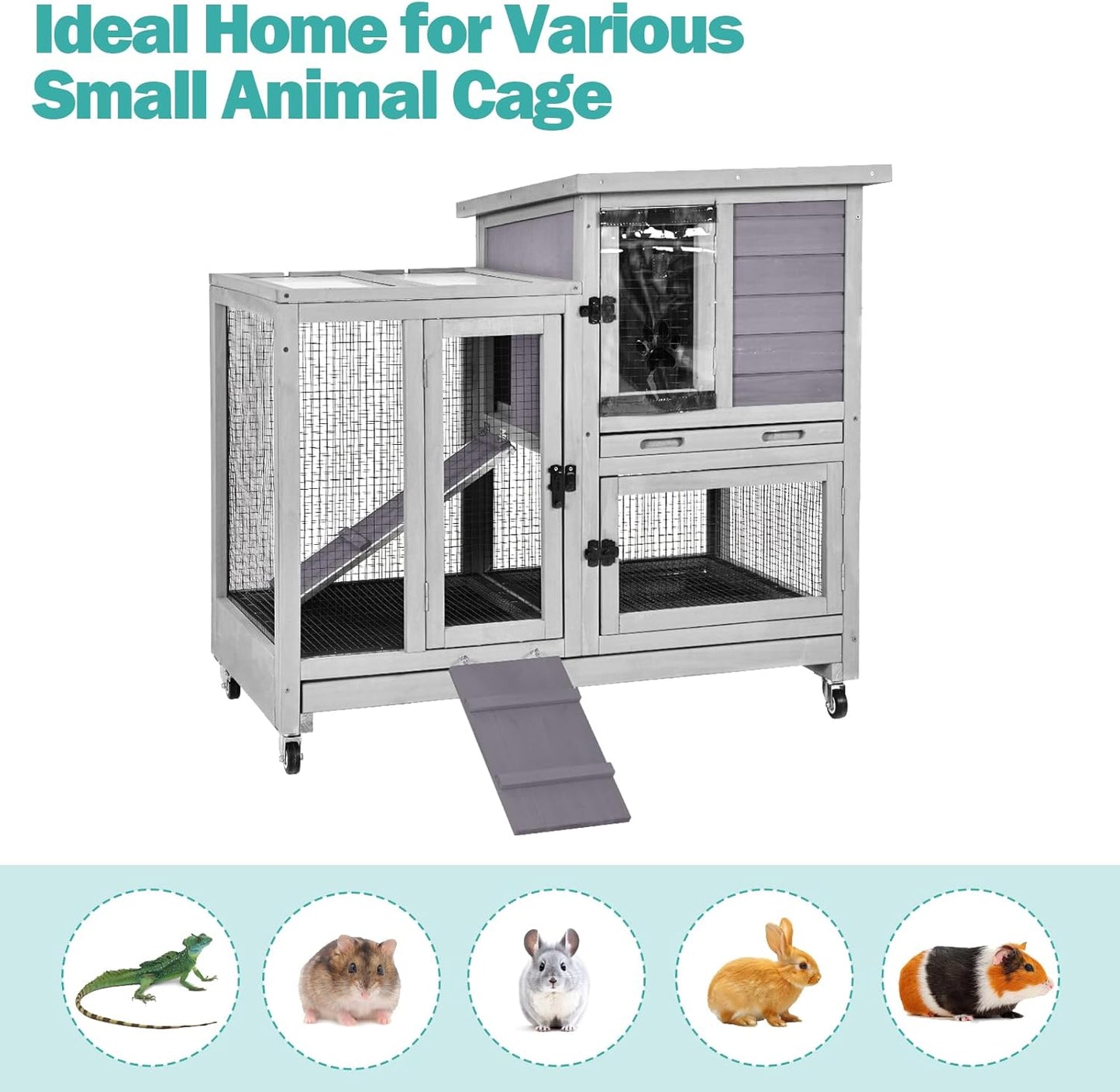 Rabbit Hutch Indoor for 2-4 Rabbits & Guinea Pigs,Bunny Cage with Slide-Out Plastic Trays,Wooden Small Animal Cage for Rabbits, Bunnies, and Guinea Pigs (Light Grey)