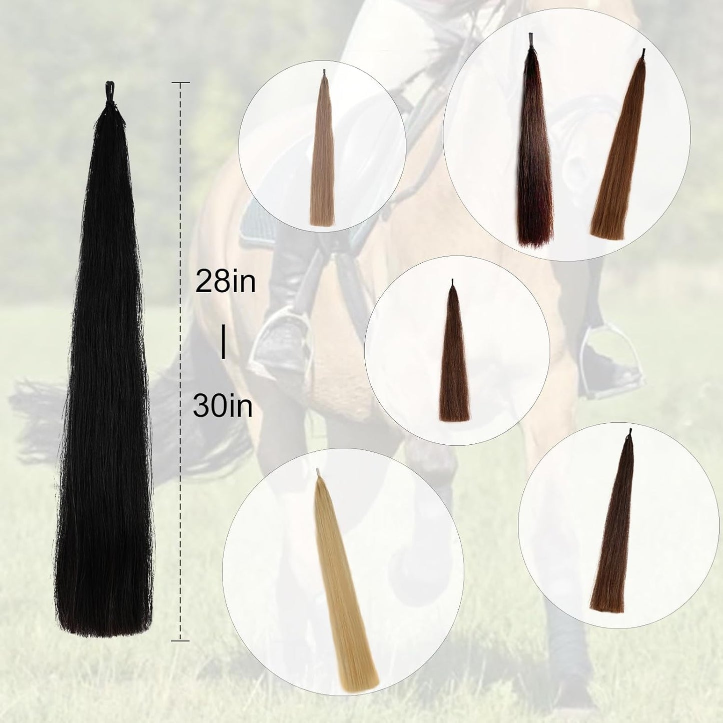 Horse Tail Extensions with Natural Loop Top, Blunt Cut Bottom, 3/8 LB 28-30 Inches Long (Jet Black)