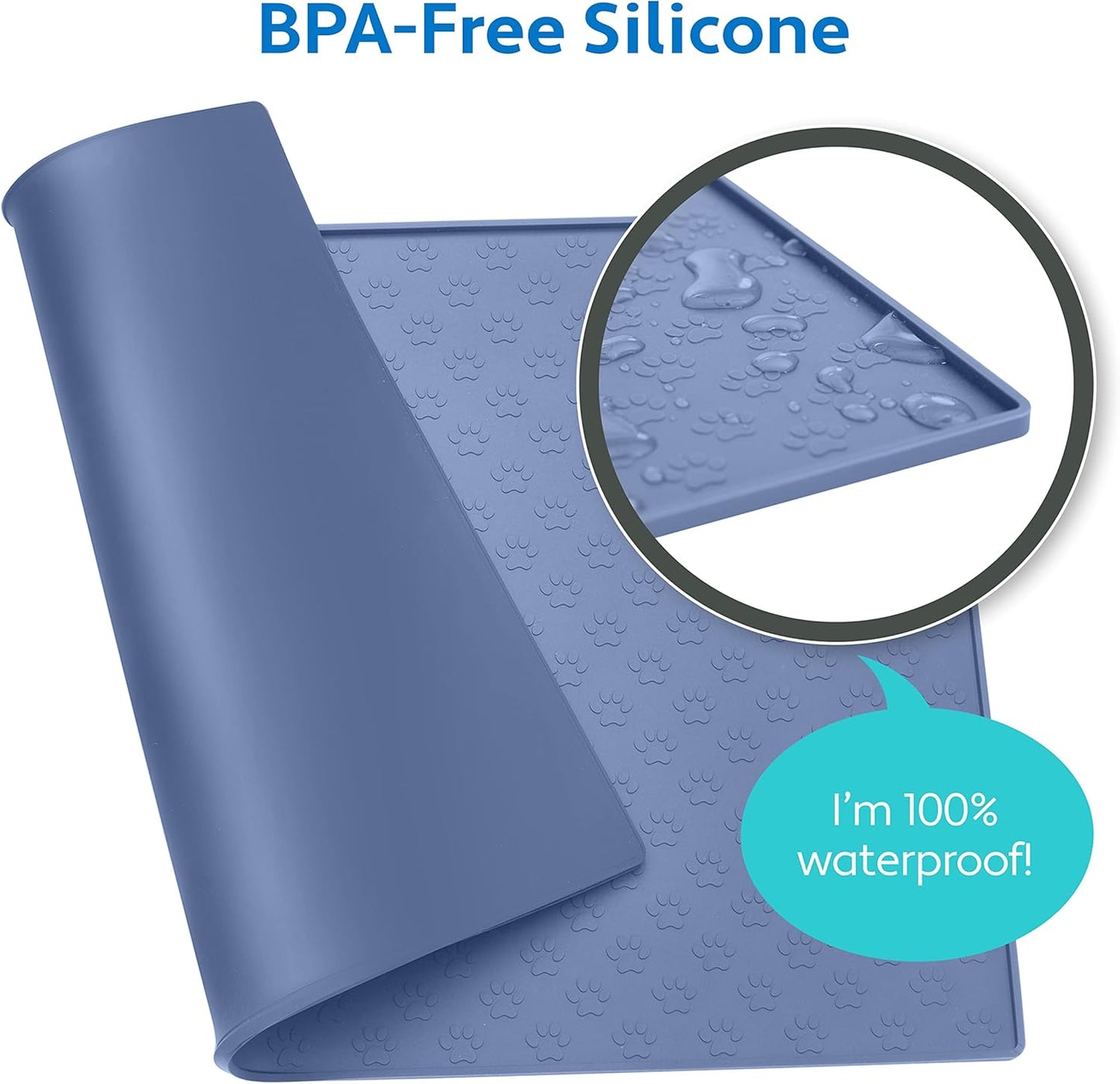 MIGHTY MONKEY 100% Waterproof Dog Food Mat, Raised Edges Silicone Pet Feeding Placemat for Cat, Dogs, Pet Bowls, High Lipped Tray Prevents Water Spills, Food on Floor, Dishwasher Safe, 22x14, Lt Blue