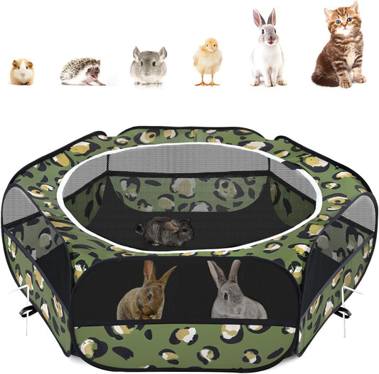 Pawaboo Small Animals Playpen, Waterproof Small Pet Cage Tent with Zippered Cover, Portable Outdoor Yard Fence with 3 Metal Rod for Chick/Kitten/Puppy/Guinea Pig/Rabbits/Hamster, Leopard Print