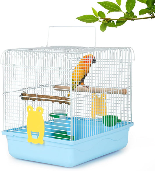 Small Bird Cage, Lightweight for Parakeets, Hanging for Parrot, Travel for Cockatiel, Outdoor Budgie, Pet Products Flat Top Economy Small Animal Cage with Stand Accessories with White Wire, Blue