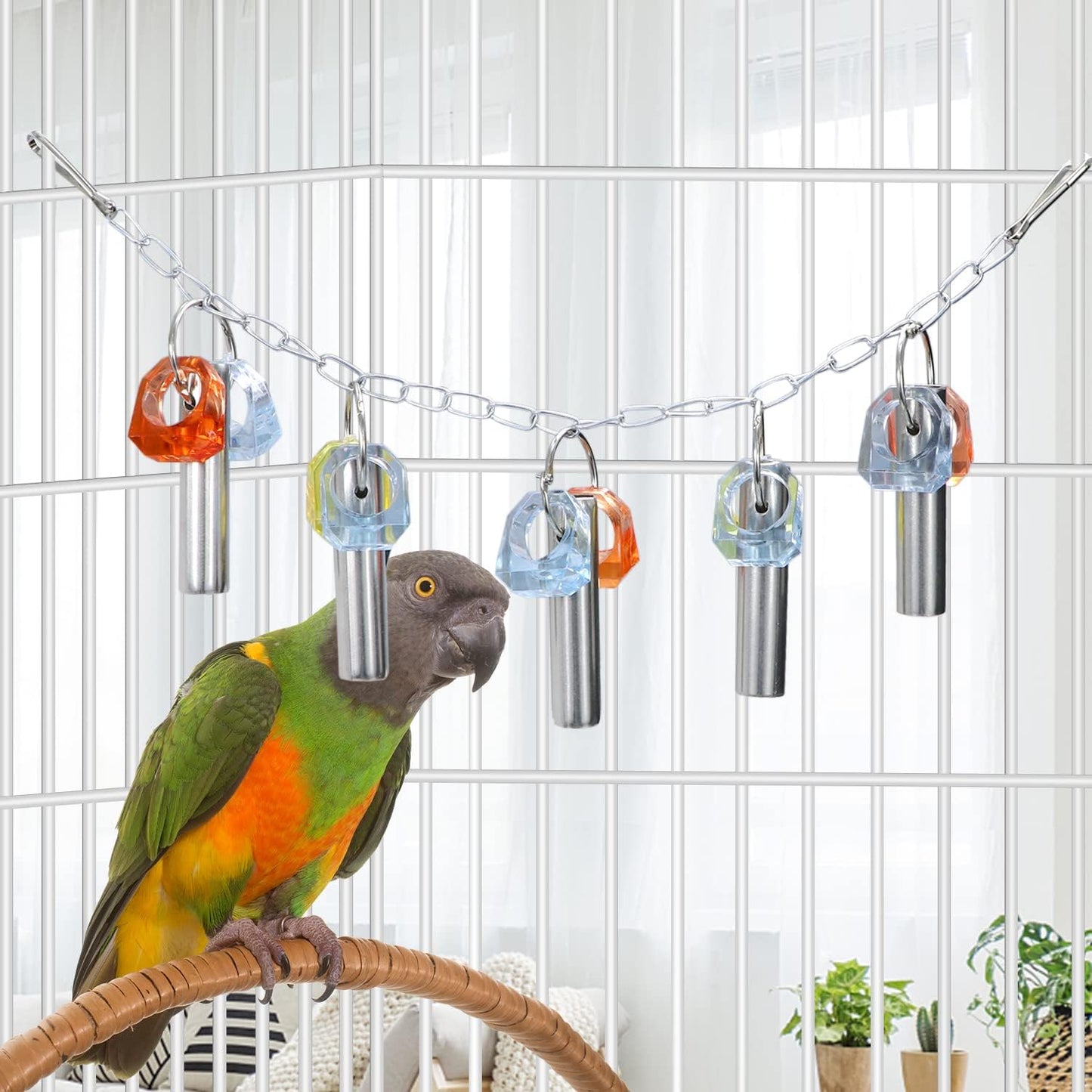 Litewoo Bird Stainless Steel Bells Pipe Bite Toy Hanging Swing Stand String Chew Toy Durable for Small Parrot Parakeet Cockatiel Conure Lovebird Budgie