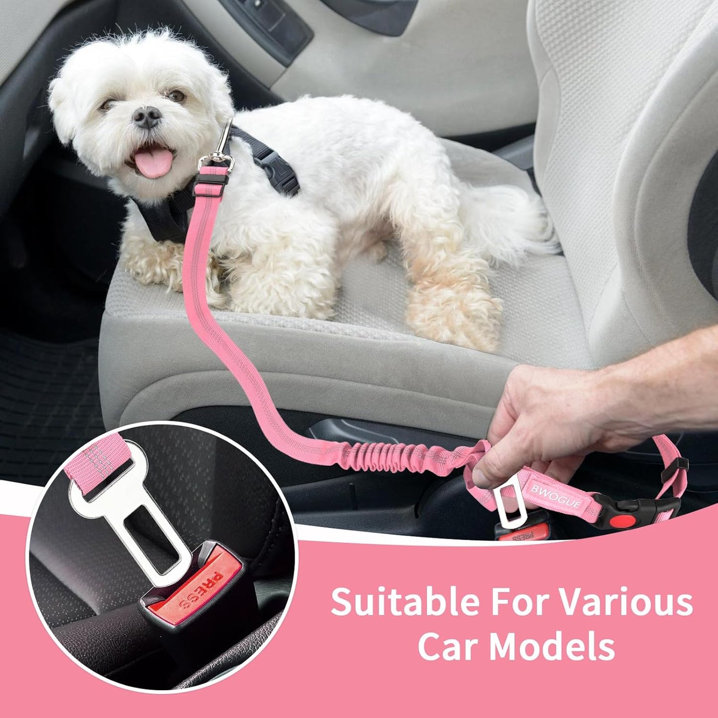 BWOGUE Pet Dog Cat Seat Belt Reflective Car Dog Headrest Restraint Leash Elastic Buffer Bungee Adjustable Tangle-Free Safety Leads Vehicle Seatbelt Harness for Small, Medium and Large Dogs (1 Pack)