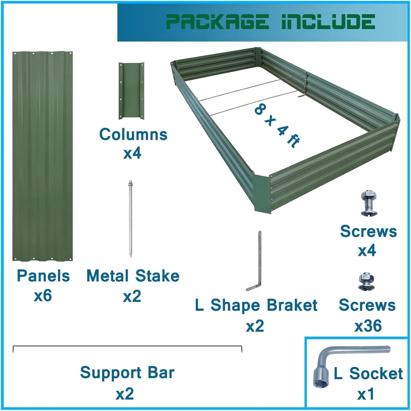 8x4x1ft Metal Raised Garden Bed Kit,Galvanized Garden Bed Box for Vegetables, Flowers, Herbs, and Succulents,240 Gallon Capacity - Green