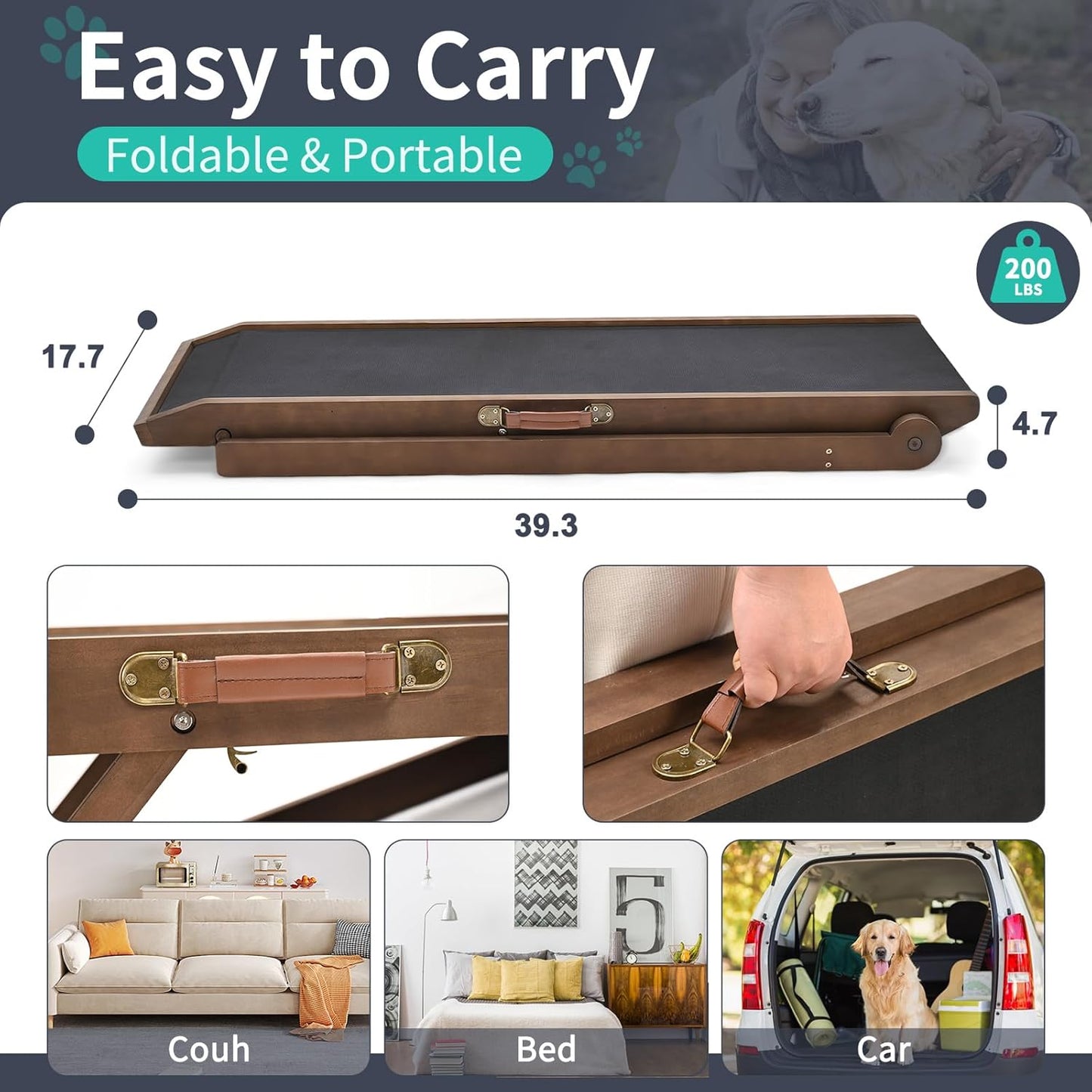 Dog Ramp, Adjustable Height Wooden Folding Pet Ramp for Bed, Couch,SUV-High Traction, Portable Paw Ramps for Small & Large Old Dogs & Cats - Furniture Quality