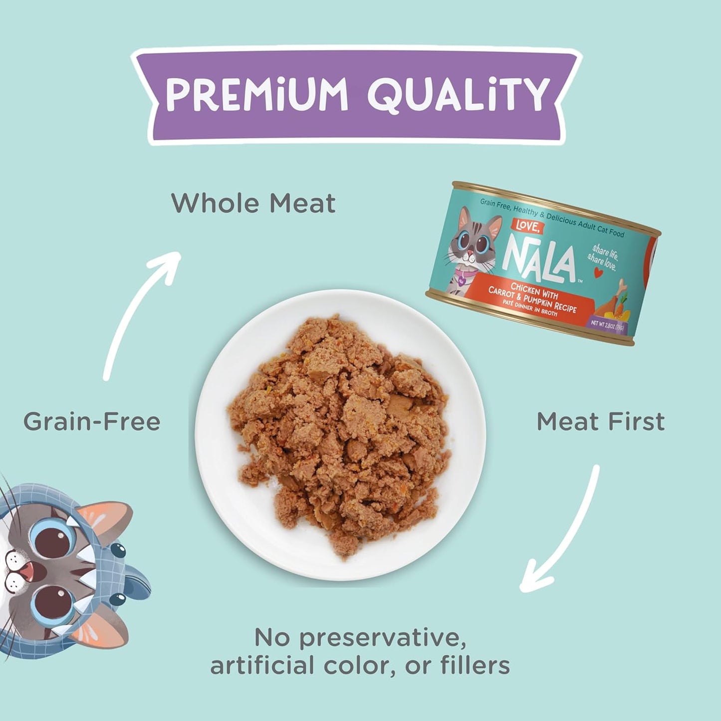 LOVE, NALA - Natural Adult Cat Wet Food - Pate Chicken with Carrot & Pumpkin Recipe- Grain Free, Non-GMO, Lean Protein, Digestive Fiber Blend, Added Minerals & Vitamins - 12 Pack 2.4 lbs.