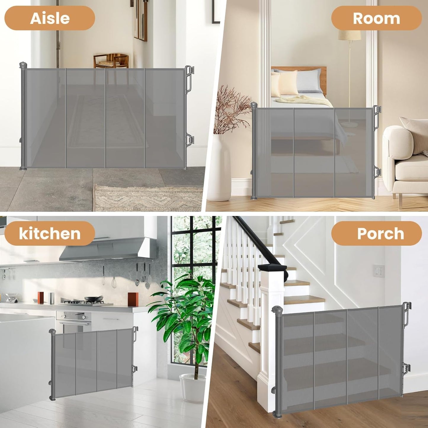 Reinforced Retractable Baby Gate or Mesh Dog Gate,Easy to Use for Stairs, Doorways, Hallways, Indoor, Outdoor, Wide Pet Gate 33.5" Tall, Extends to 45" Wide, Gray