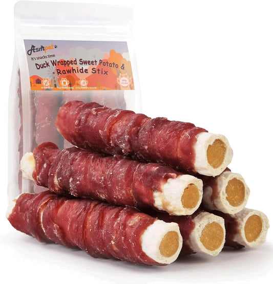 ASMPET Dog Treats Chews, Duck Wrapped Rawhide Sticks Filled with Sweet Potato for Small Medium Large Dogs(6pcs)